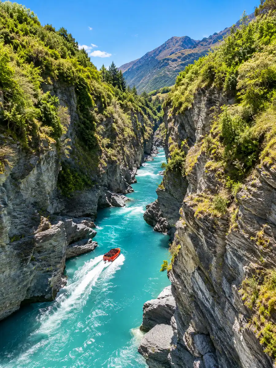 A red jet boat racing along a narrow turquoise gorge between sheer green cliffs