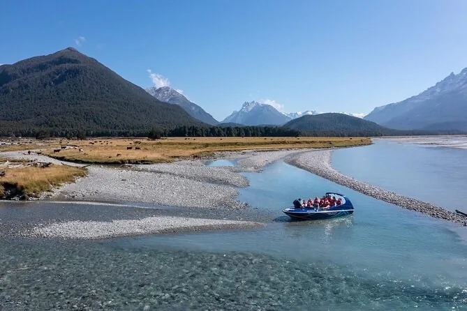A jet boat on the wide braided Dart River