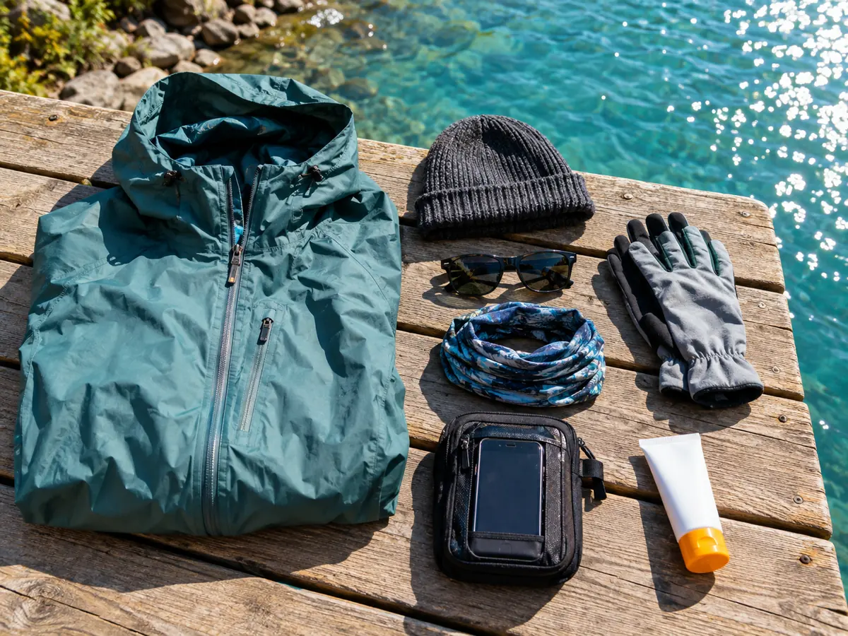 A spray jacket, beanie, sunglasses, gloves, buff and sunscreen laid out on a jetty